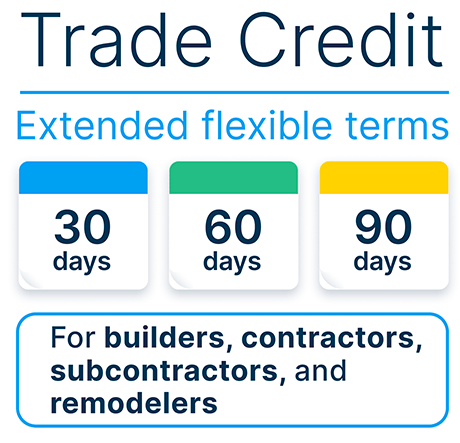 Extended flexible trade credit terms of 30 days, 60 days, and 90 days. For builders, contractors, subcontractors, and remodelers.